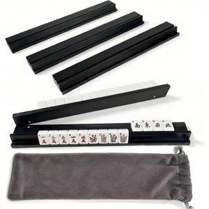 Mahjong Racks with Pushers Set of 4, Solid Pine Wood Tile Holders in Vintage Black, 17.3 Inch All-in-One Trays for American Mahjong, Dominoes & Mexican Train, Handcrafted Game Accessories(Black)