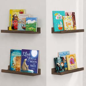 Forbena Dark Wood Nursery Floating Shelves for Wall Set of 4, Short Wall Bookshelf for Kids Bedroom, Wooden Hanging Book Shelves with Rail for Nursery Books, Baby Room Bathroom Storage (Dark Brown) (16 Inch)