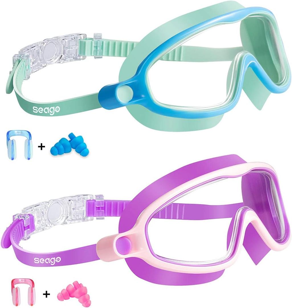 Seago Swim Goggles 2 Pack Anti-Fog Anti-UV Wide View Swimming Goggles for Kids 3-14 (Lightgreen & Purple)