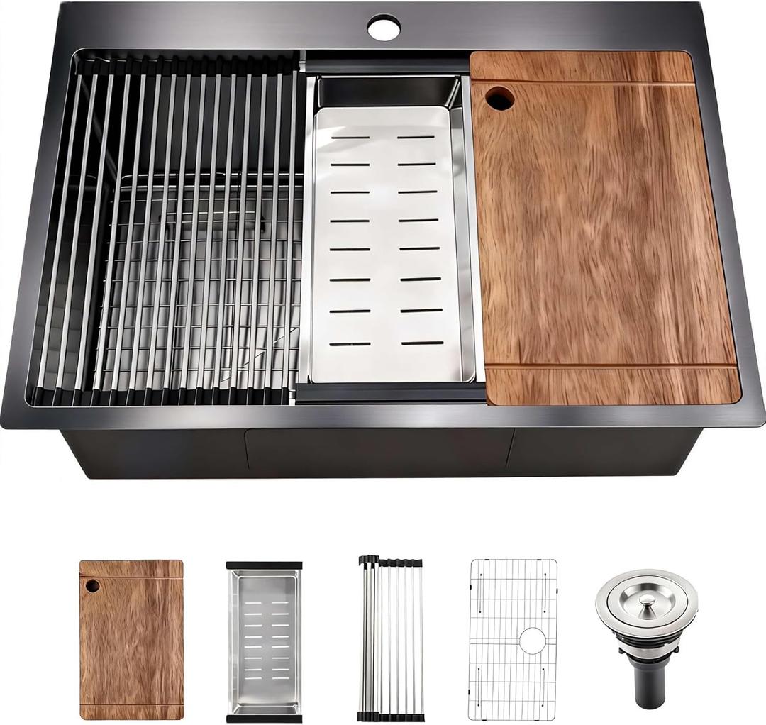 33 x 22" Black Stainless Steel Workstation Kitchen Sink, Large Single Bowl Drop-In Undermount Farmhouse Sink (3018) (Black, 3322), 33*22in