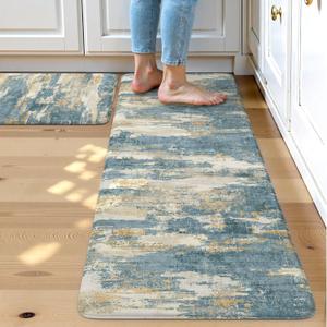Collive Kitchen Mats for Floor 2 Piece, Abstract Cushioned Anti Fatigue Rugs Non Slip Waterproof Kitchens Sink Mat, Blue Modern Standing Mat for Bar, Office, Desk, Home Decor, 17"x29"+17"x47"