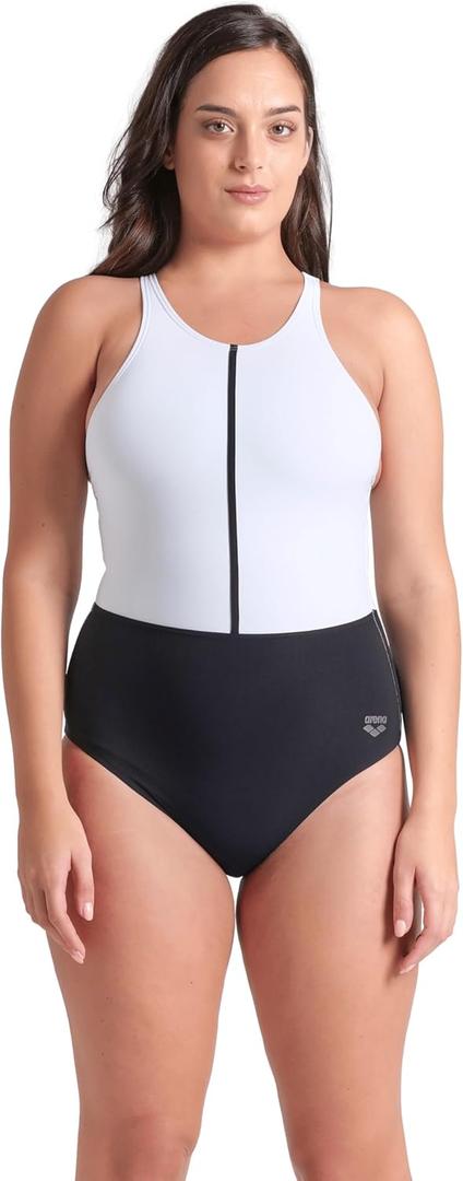 ARENA Women’s Silvia Shapewear One Piece Swimsuit Cross Back B Cup Built in Bra Ladies Bathing Suit Shaping Tummy Control Swimwear, Black/White/Black, Size 34