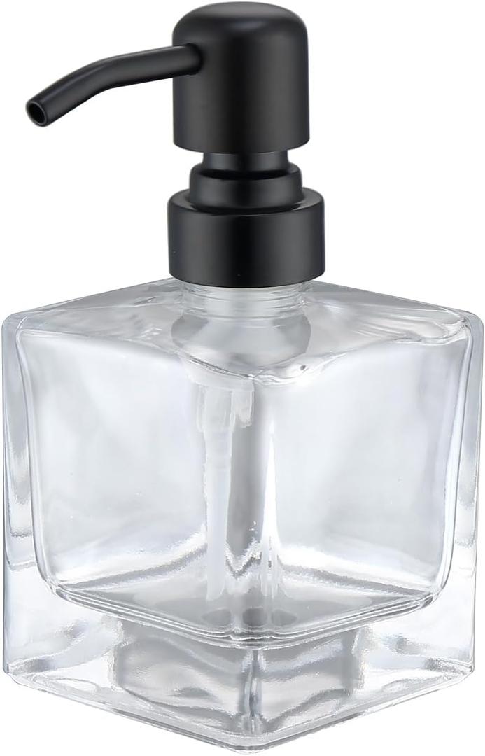 Square Bathroom Soap Dispenser Black, 8.4 oz Glass Bottles with Stainless Steel Pump Cube Liquid Hand Soap Dispenser Kitchen