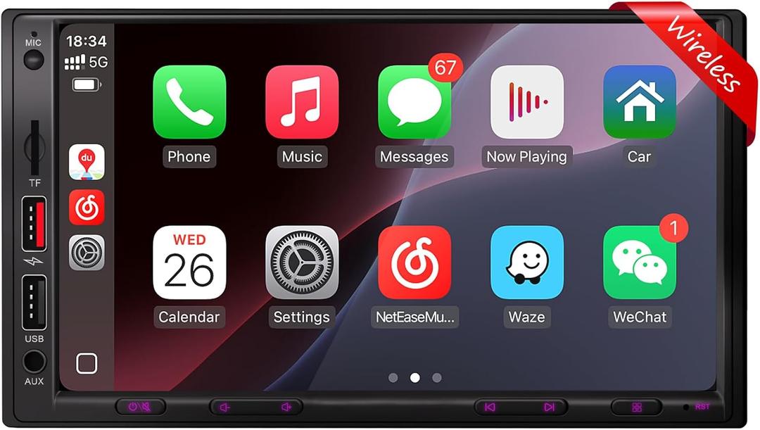 Upgraded Double Din Car Stereo with Wireless Apple CarPlay & Android Auto, 7" LCD Touchscreen, Built-in 240W DSP, FM/AM Radio, Bluetooth Hands-Free Calling & Auto Backup Camera