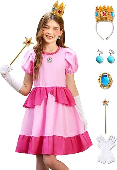 Girls Halloween Pink Princess Dress Puff Sleeves Midi Dress Princess Carnival Size S