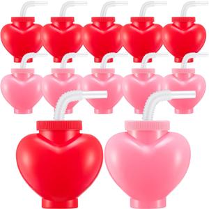 Amyhill 24 Pcs Valentine's Day Heart Shaped Cups with Lids and Straws 12 oz Plastic Heart Cups for Kids Party Favors, School Classroom Exchange Prizes Gift