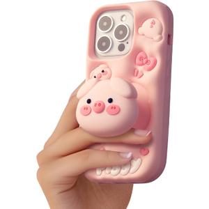 Kawaii 3D Pig Pop-Up Stand and Grip Phone Case for iPhone 13 Pro Max, Cute Cartoon Animal Phone Cover for Girls, Boys, Kids, Teens, and Womens Pink