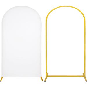 Metal Arch Stand and Cover Set,1 White Spandex Fitted Backdrop with 1 Gold Wedding Arched Stand Frame for Parties Birthday Baby Shower Bridal Banquet Decoration (7.2FT)