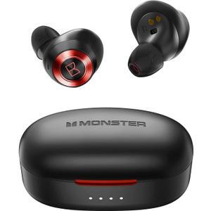 Monster Achieve 100 AirLinks Wireless Earbuds,Super Fast Charge,Bluetooth 5.0 in-Ear Stereo Headphones with USB-C Charging Case,Built-in Mic for Clear Calls,Water Resistant Design for Sports, Red