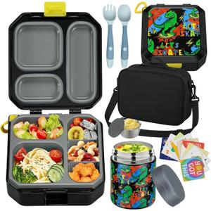 Bento Lunch Box for Kids with 12oz Soup Thermo Leak-Proof Lunch Food Container with 5 Compartment Thermo Hot Food Jar and Insulated Lunch Bag for Kid Toddler Girls Boys to School (Black - Dinosaur)