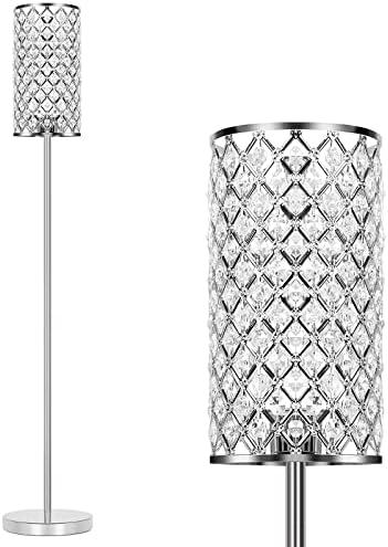 Crystal Floor Lamp, Modern Standing Lamp with Elegant Shade, LED Floor Lamp with On/Off Foot Switch Silver Finish Tall Pole Lamp Accent Lights for Living Room, Girl Bedroom, Dresser, Office (E26 Base)