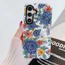 J.west Floral Galaxy S24 Plus Case 5G 6.7 inch - Vintage Blue Flowers Print, Slim Dual-Layer Hybrid Shockproof Bumper with Anti-Scratch Cover, Protective Phone Case for Women Girls