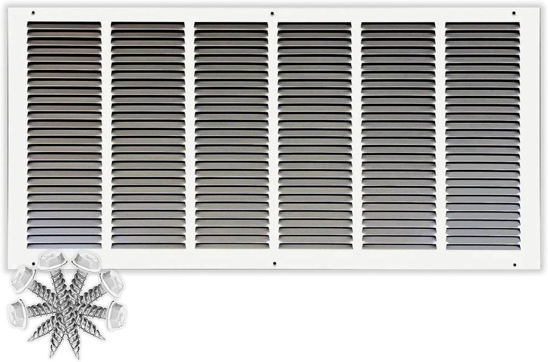 HVAC Premium 32'' x 12'' [Duct Opening] Flat Stamped Steel Return Air Grille - Sidewall and Ceiling - HVAC Vent Duct Cover - White [Overall Size: 33.75''w X 13.75''h]