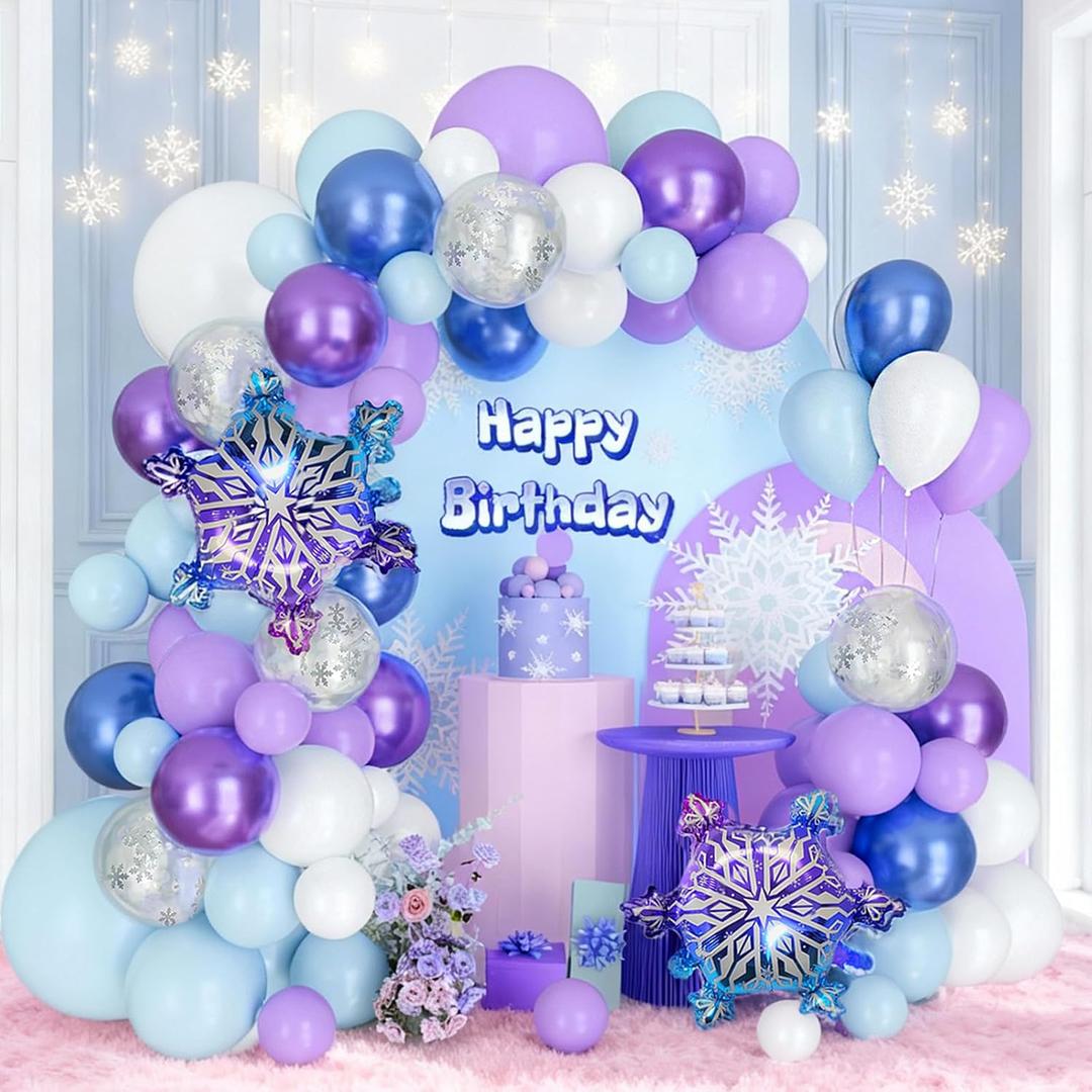 Winter Wonderland Balloon Arch Kit Blue Purple White Balloons Arch Garland Snow Confetti Snowflake Balloons for Princess Birthday Party Winter Onederland Baby Shower Decorations