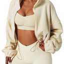 QINSEN Women's Full Zip Fleece Short Jacket Warm Winter Long Sleeve Stand Collar Sherpa Crop Coat, Mediu