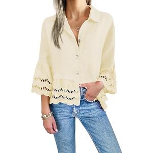 Cicy Bell Womens 3/4 Bell Sleeve Button Down Shirts Casual Ruffle Hem Tops Eyelet Blouse (Unknown Size)