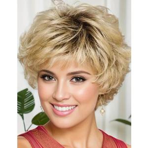 TISHINING Short Blonde Curly Wigs for White Women Layered Ombre Blonde Pixie Cut Wig with Bangs Natural Looking Synthetic Full Wigs for Daily Party