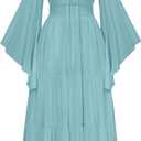 Scarlet Darkness Renaissance Costume Women Off Shoulder Bell Sleeve Tiered Maxi Dress (Small, Light Blue)