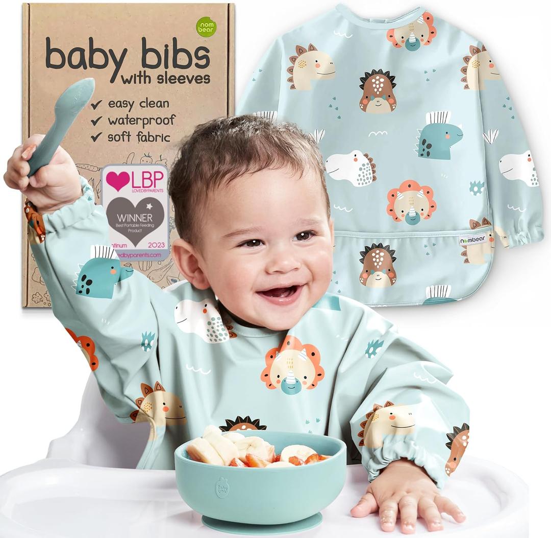 Waterproof Smock Baby Bibs for Eating (Boy or Girl 6-24 Months) - Toddler Long Sleeve Bib for Baby Led Weaning (01 - Babysaurus (1 Pack))