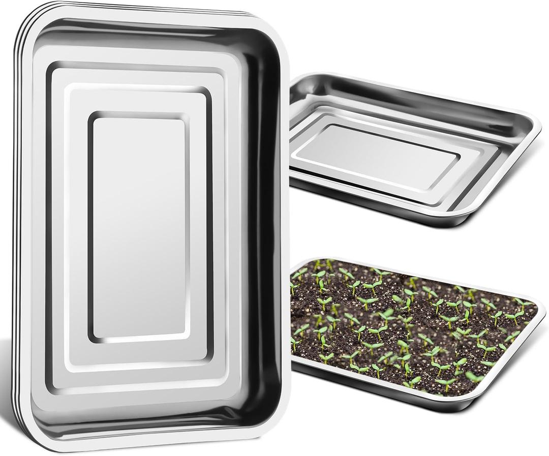 RooTrimmer 5 Pack Large Stainless Steel Seedling Trays, Heavy Duty Metal Water Catch Trays for Nursery Pots-Transplant, Seed Germination & Propagation Flats (17.5 inch13.56 inch, 1.18" Height)