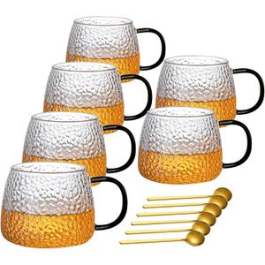 Viovian 15oz Glass Coffee Mugs Set of 6 Vintage Coffee Cups With Handles,Embossed Glass Mug for Hot Cold Beverage Clear Tea Cup for Women Birthday Gifts