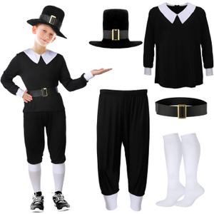 Patelai 5 Pcs Thanksgiving Day Pilgrim Boy Costume Shirt Trousers Cap Socks Belt Children Colonial Pilgrim Outfit Cosplay(Child's Large)