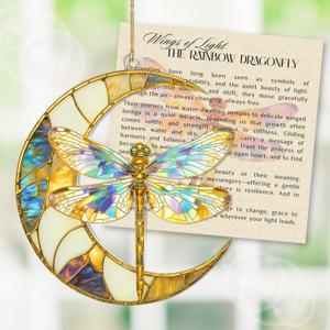 Dragonfly Moon Ornament – Dragonfly Suncatcher Gifts for Women, Hanging Suncatcher for Windows, Moon Decor Handmade Ornaments, Unique Handmade Home Decoration, Christmas Ornaments for Tree