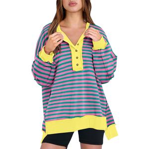 Caracilia Women's Oversized Sweatshirts Long Sleeve Henley Button Down Pullover Hoodies Tunic Tops 2025 Trendy Fall Clothes Striped Pink XXL 