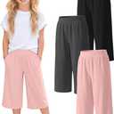 3 Pack Girls' Capri Pants Wide Leg | Elastic, Waist, Loose Fit, Capris, Casual, Workout, Summer, Cropped, Pants, Pockets