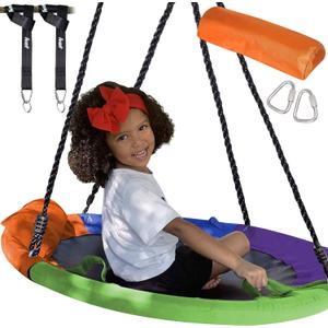 40 Inch 700lb Round Outdoor Tree Swing for Kids - Flying Saucer Swingset - Heavy Duty Disk Swings with Straps, Adjustable Ropes, Handles and Pillow - Large Circle Swing for Children
