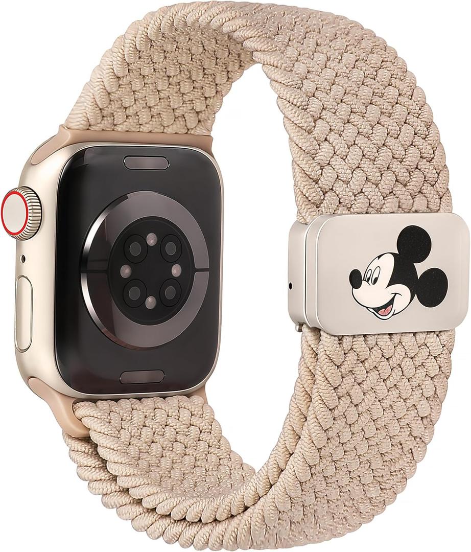 Braided Cartoon Magnetic Clasp Band Compatible with Apple Watch Bands 42mm(Series 11 10) 41mm 40mm 38mm Women Men, Stretchy Elastic Nylon Woven Strap for iWatch Series 11 10 9 8 7 6 5 4 SE/Ultra 3 2 1 (Milk Tea)