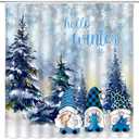 Christmas Gnome Shower Curtain Winter Forest Xmas Snowflake Hello Blue Winter Snowy Pine Tree Holiday Fabric Bathroom Curtain Set with Hooks(70" WX70 H)