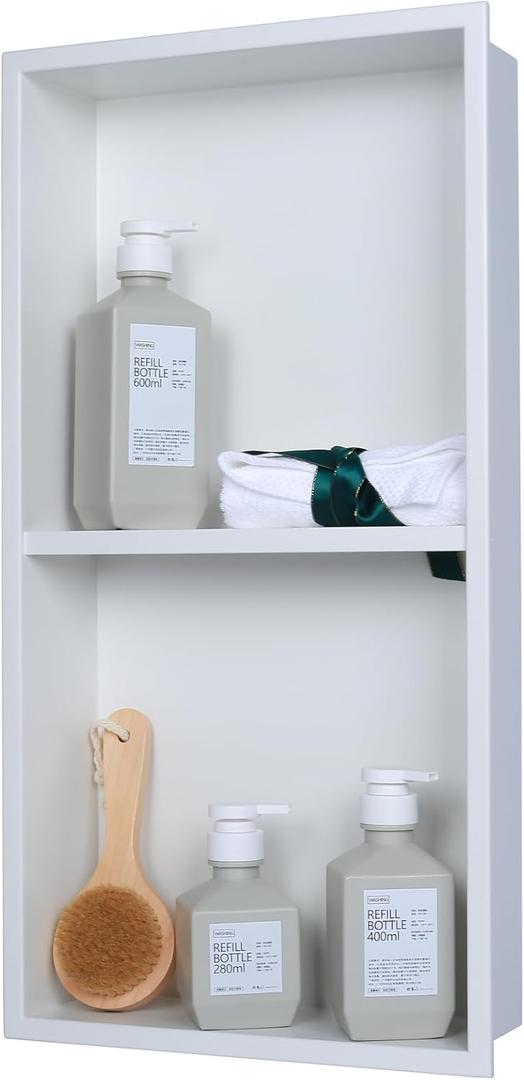 Recessed Wall Niche for Shower Room Storage,Double-Layer Shelves,Wall Insert Tile Ready,Stainless Steel(White, 24 * 12 in)