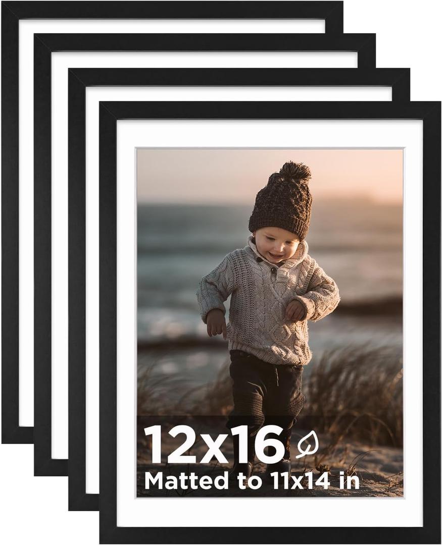 KINLINK 12x16 Picture Frame Black, Wooden 16x12 Photo Frames with Plexiglass for 11x14 Picture with Mat or 12x16 Without Mat, Perfect for Art Wall and Tabletop Display 12 x 16 frame Set of 4