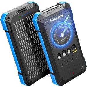 Solar Charger Power Bank, 49800mAh Wireless Portable Phone Charger, 15W QC3.0 Fast Charging External Battery Pack with 4 Built-in Cables, USB-C in/Output, with Dual Flashlights for Outdoor (Blue)
