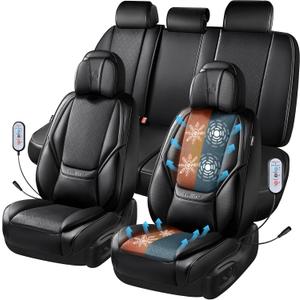 CAR PASS Ventilation Cooling Seat Cover,Luxury Nappa Leather 5 Seat Cover with Vibrate Massage 12V, Lumbar Support, Seat Covers for SUVs,Pickups,Trucks,Vehicles (Solid Black) (Full Sets)