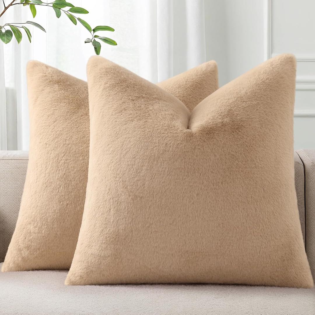 Pallene Faux Fur Plush Throw Pillow Covers 22x22 Set of 2, Soft Fluffy Couch Pillow Covers for Living Room, Khaki