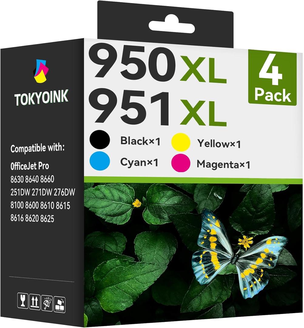 TOKYOINK 950xl and 951xl Ink Cartridges Combo Pack Replacement for HP 950 951 Ink Cartridges Combo Pack Works for HP 8600 Officejet Pro 8610 8620 8630 8100 8615 Black Cyan Magenta Yellow, 4 Pack