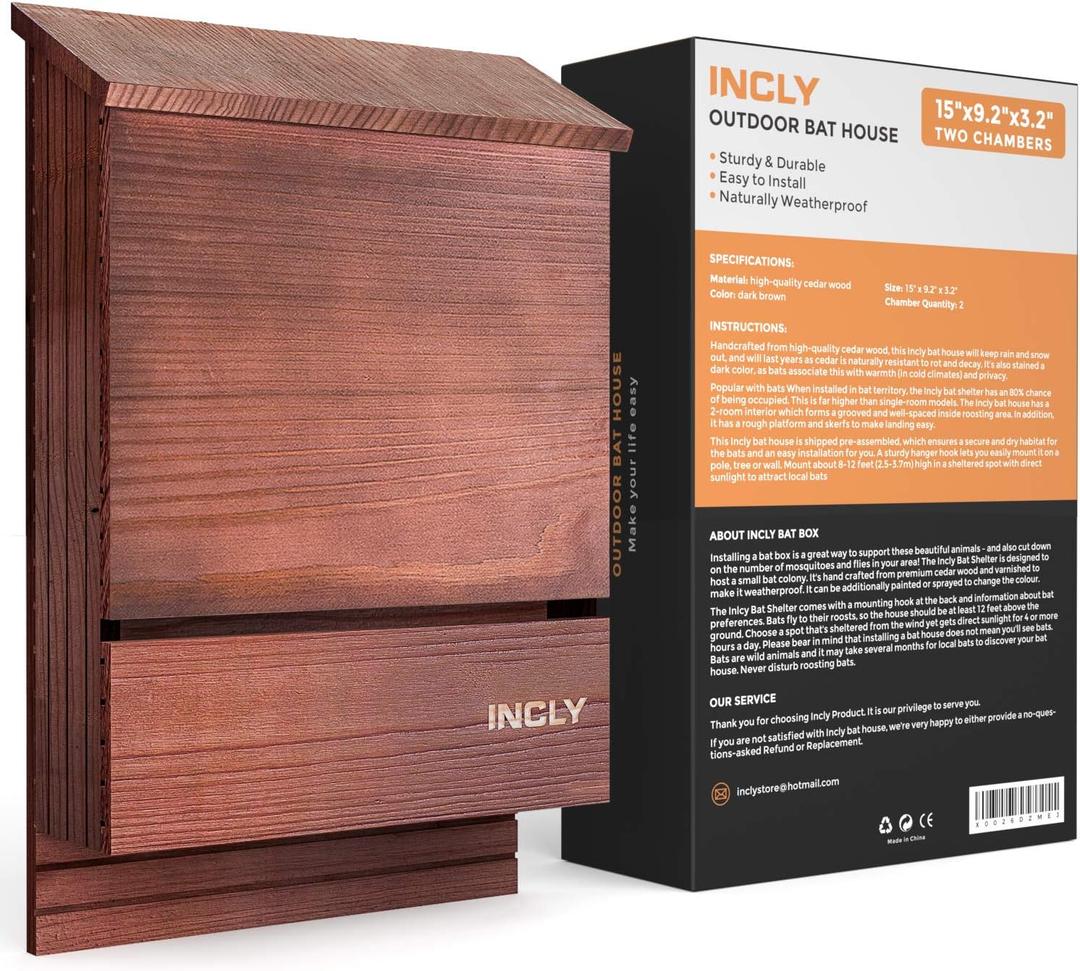 INCLY Bat House for Outdoors 15"x9.2"x3.2" Shelter Box kit Double Chamber Dark Natural Cedar Wood, Pre-Finished Easy to Install