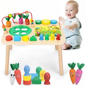 Activity Table, Montessori Toys for 1 2 Year Old Girls Boy Gifts, 7 in 1 Wooden Sensory Play Table for Toddler 1 2 3, Learning Toys for Baby 12-18 Months 1st Christmas Birthday Gifts