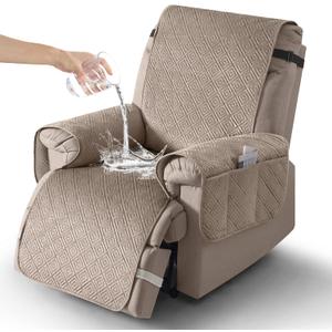 Timeles Velvet Recliner Chair Cover, 100% Waterproof Recliner Covers That Stay in Place with Pocket for Pets & Dogs (Medium: 23",Taupe)