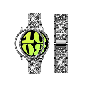 Mosonio Compatible with Samsung Galaxy Watch 7/6 Bands 40mm/44mm, 20mm Bling Metal Bands with Bling Protective Cover Case for Women, Shiny Watch Replacement Strap for Daily Wear