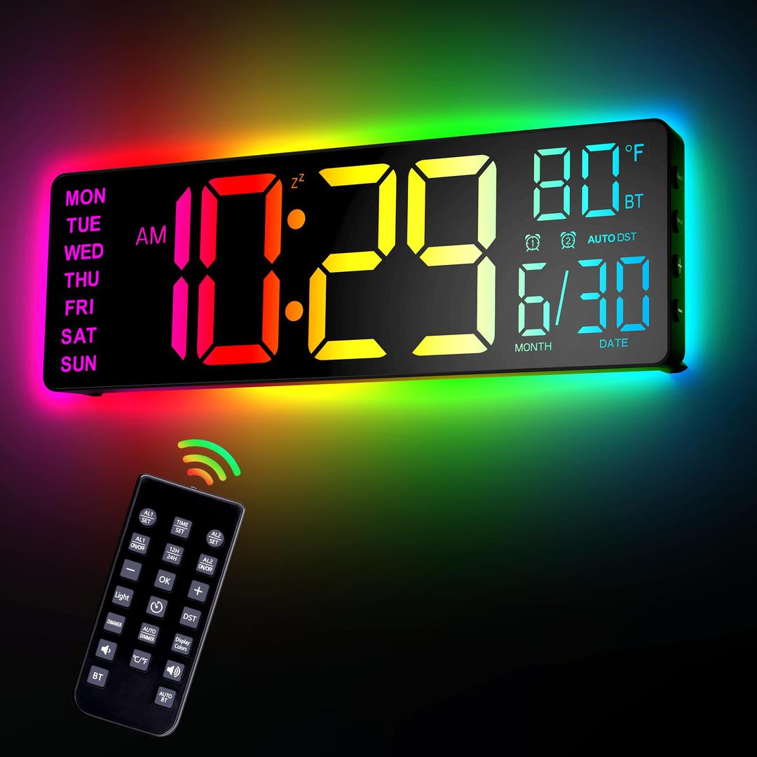 12" Digital Wall Clock for Classroom Livingroom Game Home Decor with LED Display RGB Lights, BIuetooth Sync, Dual Alarms, Auto DST, Countdown, Remote Control, Temperature