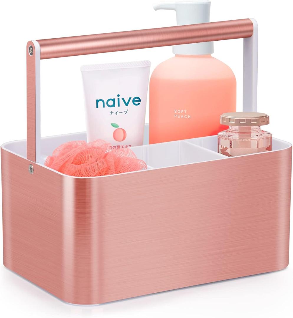 Portable Shower Caddy Tote: Divided Large Plastic Bath Basket Bin with Handles for College Dorm, Shower Storage Organizer for Bathroom Vanity Holds Shampoo,Conditioner Pink (Rose Gold)