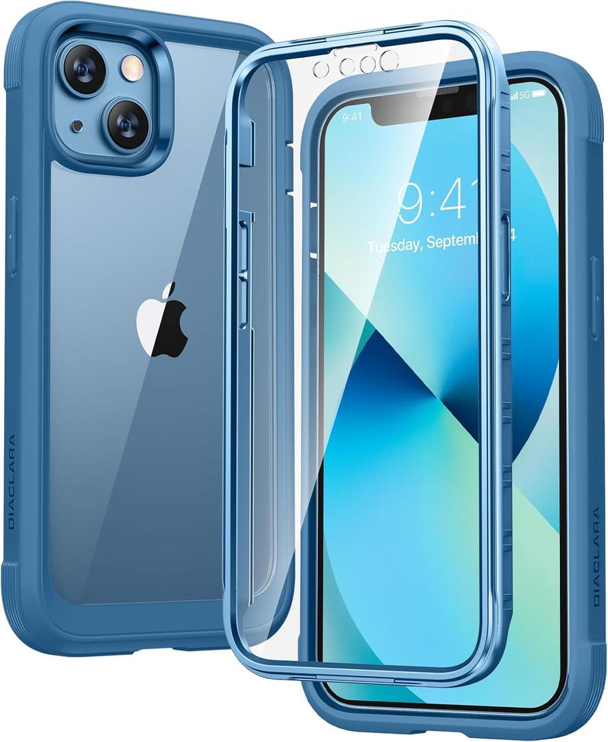 Diaclara Designed for iPhone 13 Case, Full Body Rugged with Built-in Touch Sensitive Anti-Scratch Screen Protector, Soft TPU Bumper Case for iPhone 13 6.1" (Blue and Clear)