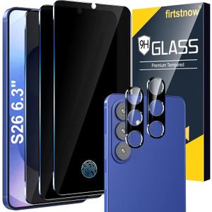 firtstnow 3 Pack Privacy Screen Protector for Samsung Galaxy S26 Tempered Glass + 2 Pack Camera Lens Protector, True 25Anti Spy, 9H+ Hardness, Fingerprint Unlock, Case Friendly Bubble-Free 6.3 Inch