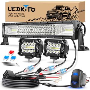 22Inch LED Light Bar and 2PCS 4In LED Pod Lights Spot Flood Combo Beam Triple Row Off Road Driving Work Lights Bar with Rocker Switch Harness Kit for Trucks Pickup Hum-mer SUV UTV