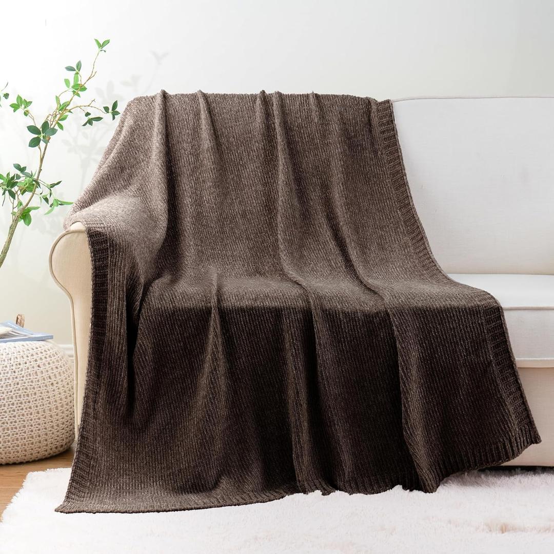 BATTILO HOME Dark Brown Throw Blanket for Couch, Soft Chenille Throw Blankets for Bed, Sofa, Home Decorative Chocolate Brown Throw Blanket, Knitted Cozy Brown Blanket, 51"x67"