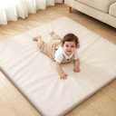 Joypony Baby Play Mat for Floor 47x47, 1.5 Thick Vegan Leather Crawling Mat with Removable Cover, Waterproof Playpen Mat for Infants and Toddlers, Wipe-Clean Kids Playmat, Cream (4747 in)
