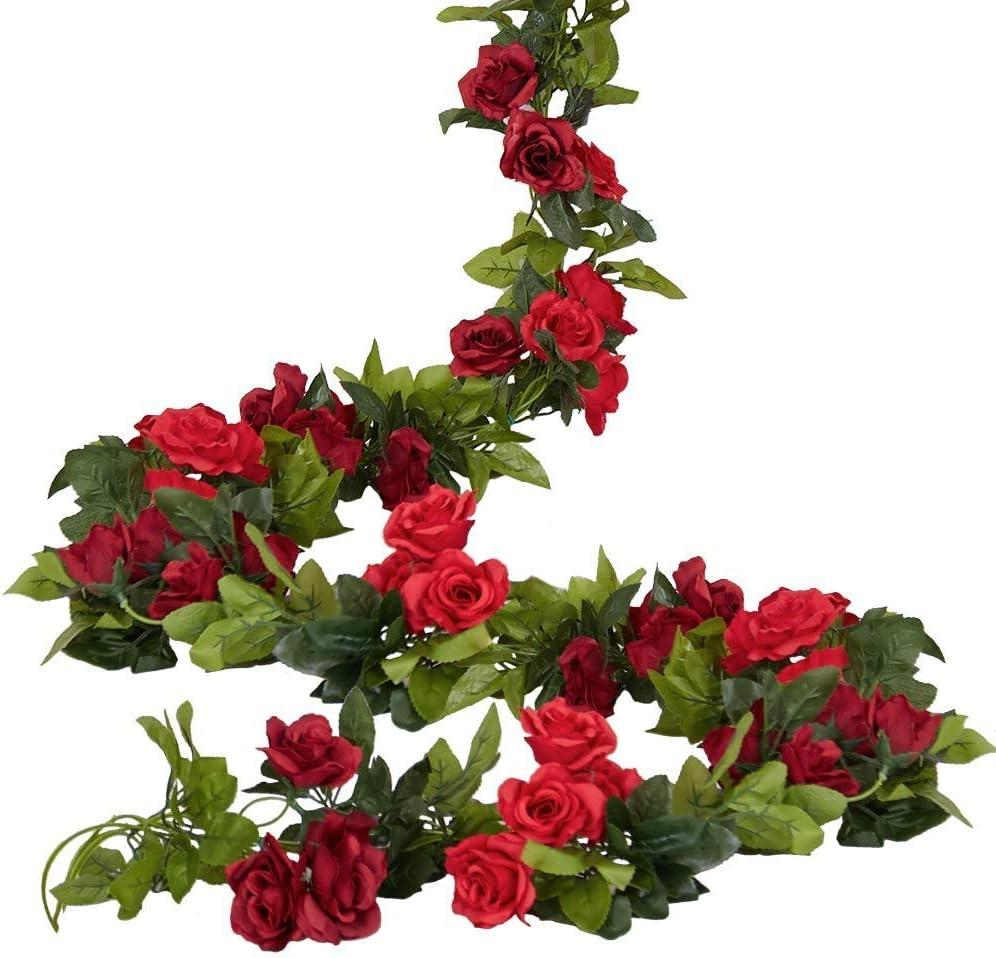 4 Pack(28.8 Ft) Artificial Flower Garland Silk Rose Flower Vines Fake Flower Garland for Backdrop Hanging Garlands Flowers Artificial for Decoration Wedding Arch Room(Red)